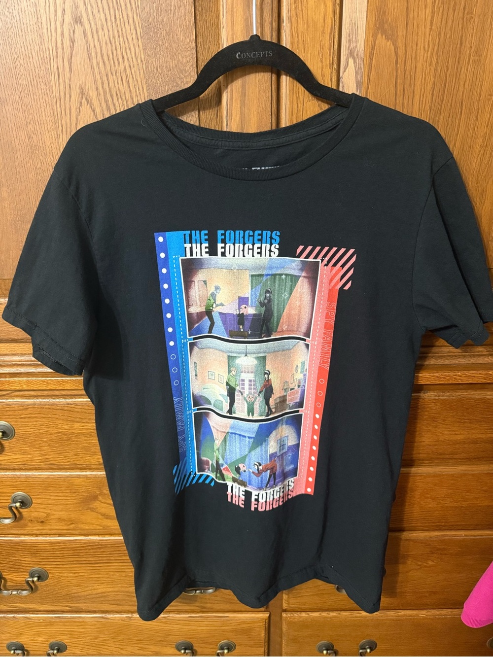 Spy Family Black Graphic Tee with Colorful Film-Strip Art